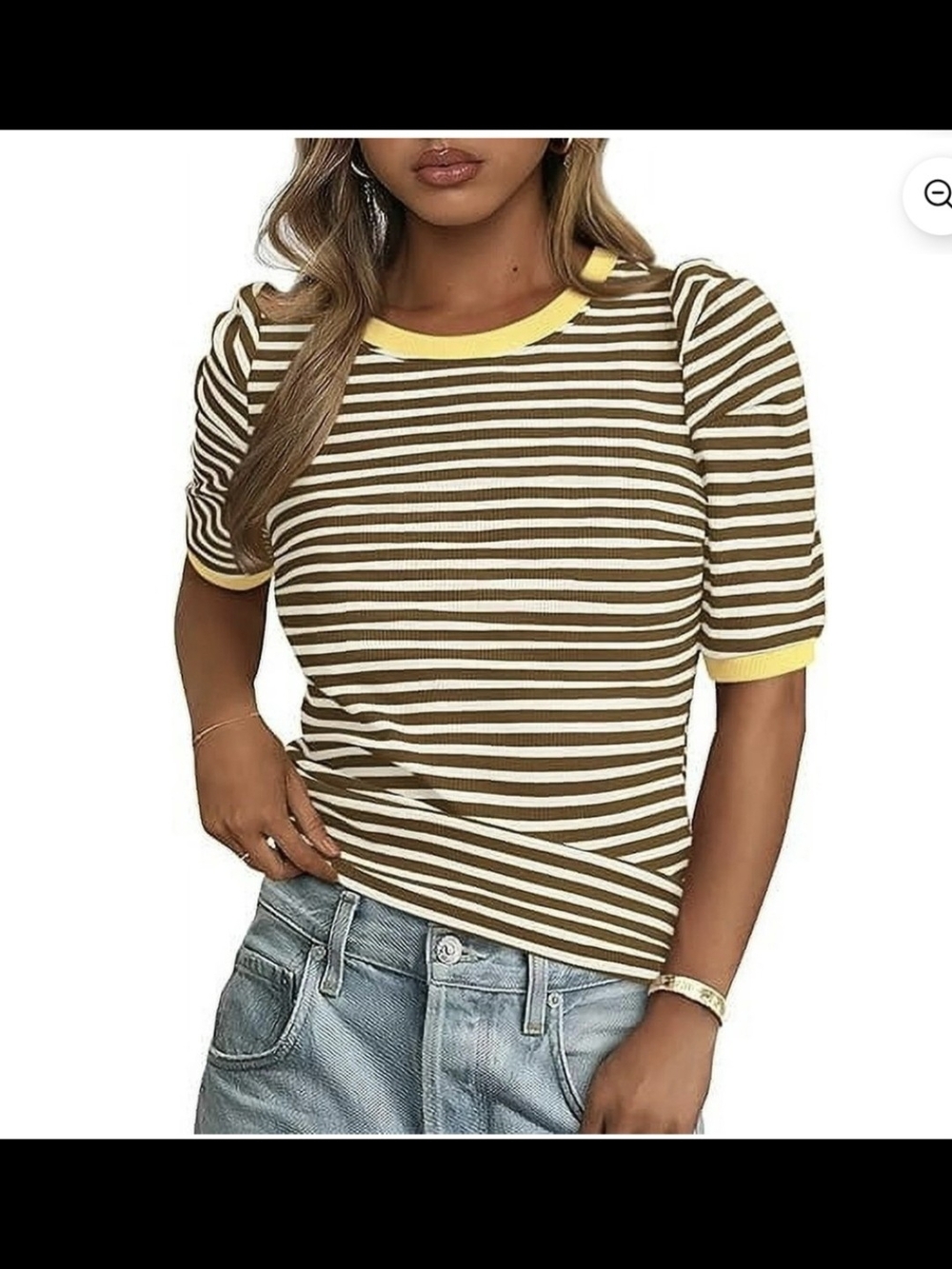 Pretty Garden Women's Striped Short Puffed Sleeve Ribbed Knit Crew Neck Top- L